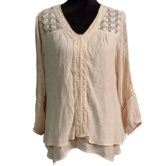 Style & Co Blouse Womens Medium Cream Floral Fluted Sleeve Blouse longsleeve - Picture 1 of 10